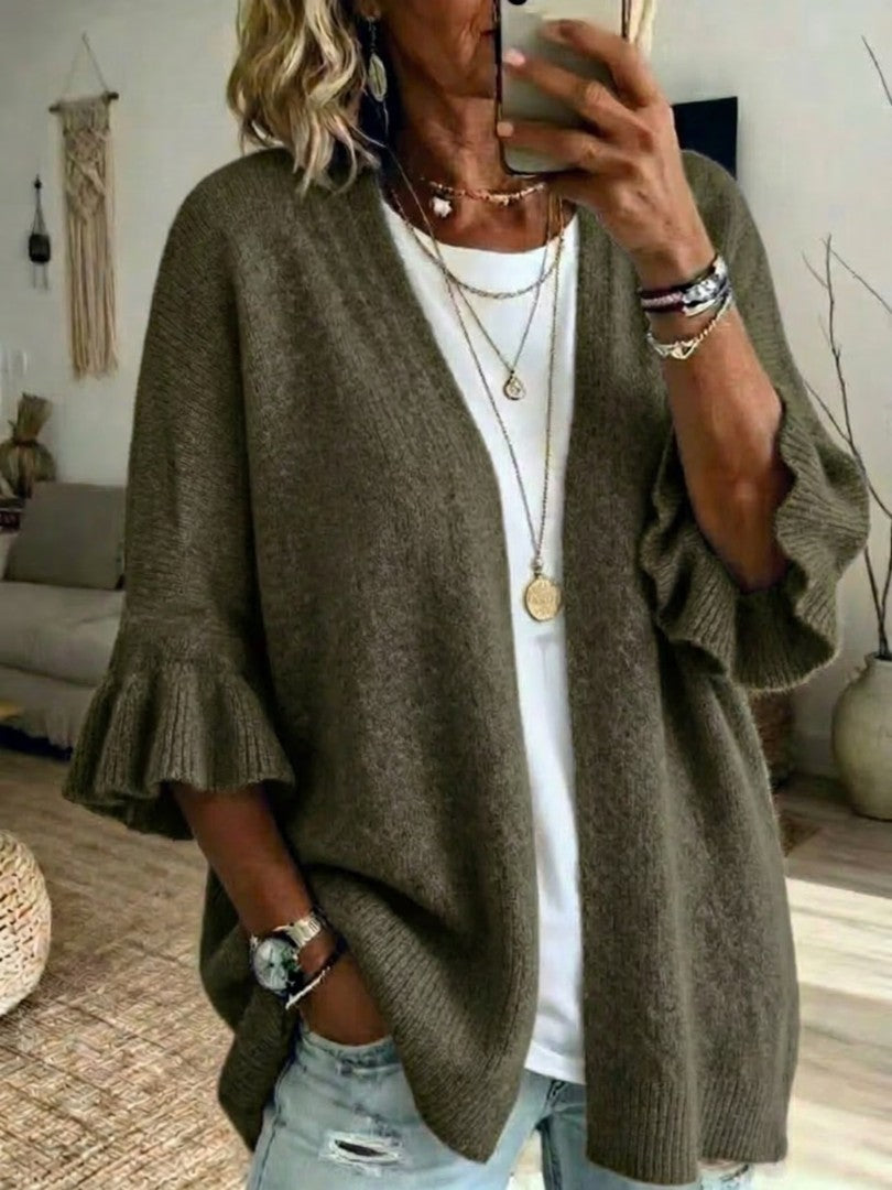 Green ruffle-sleeve open-front cardigan