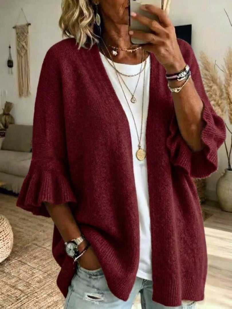 Burgundy ruffle-sleeve open-front cardigan