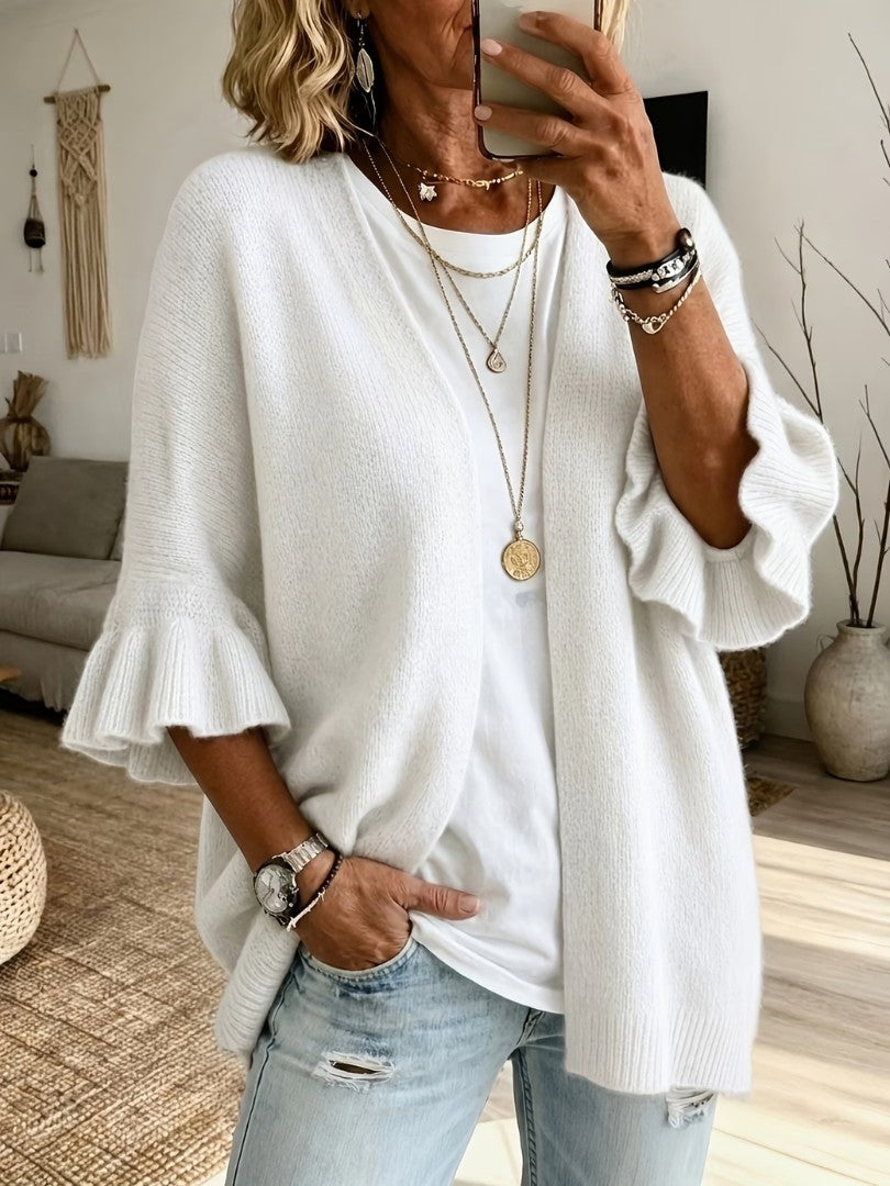 White ruffle-sleeve open-front cardigan