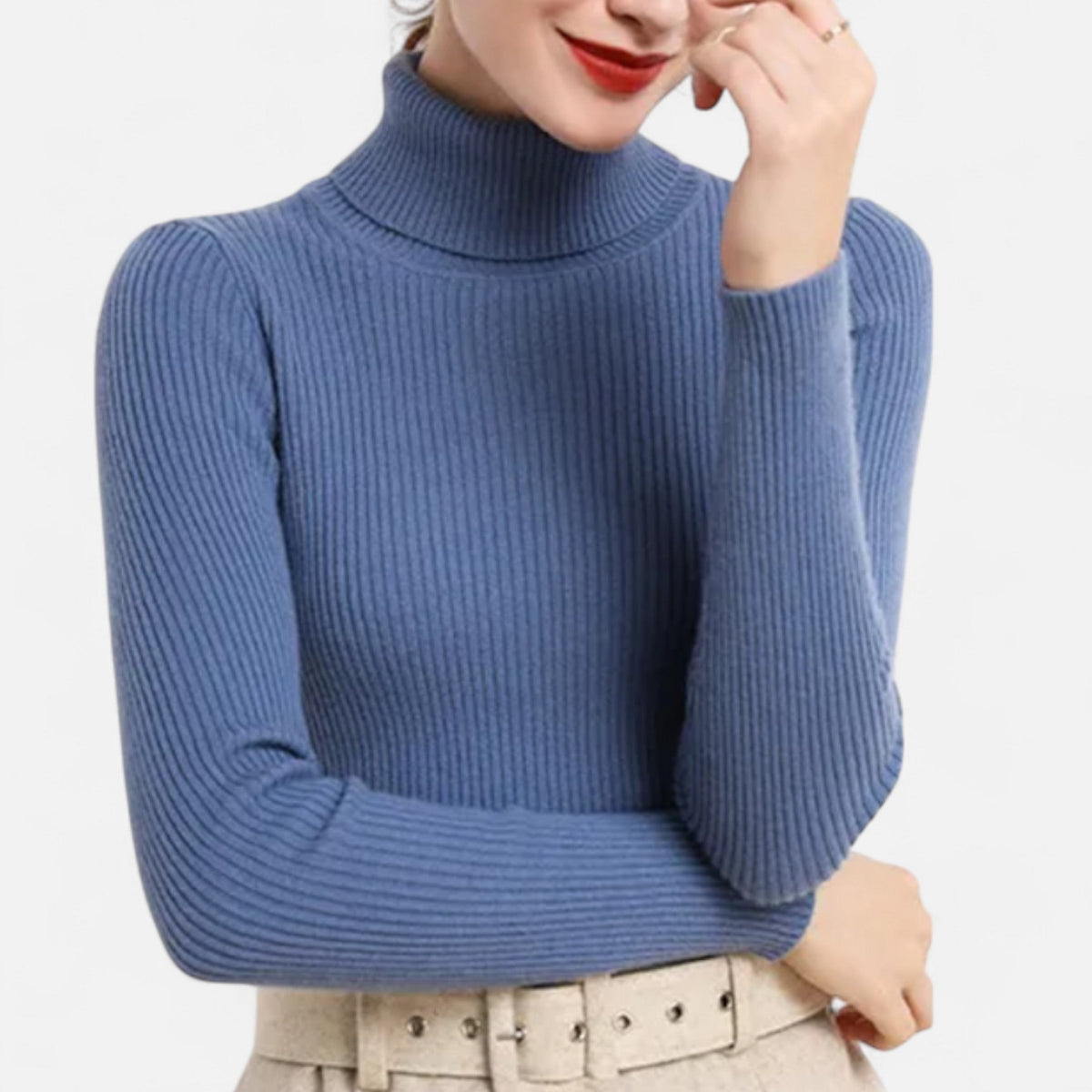 Blue slim ribbed roll neck jumper