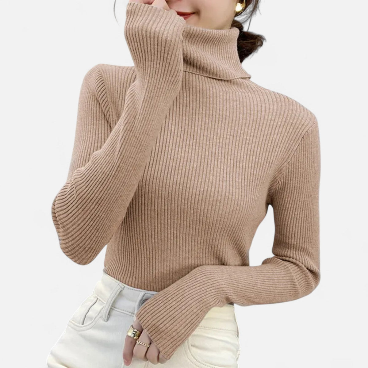 Khaki slim ribbed roll neck jumper