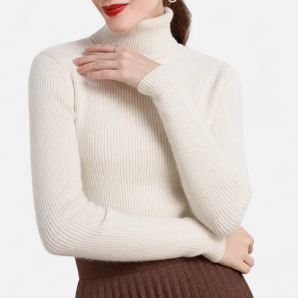 Beige slim ribbed roll neck jumper