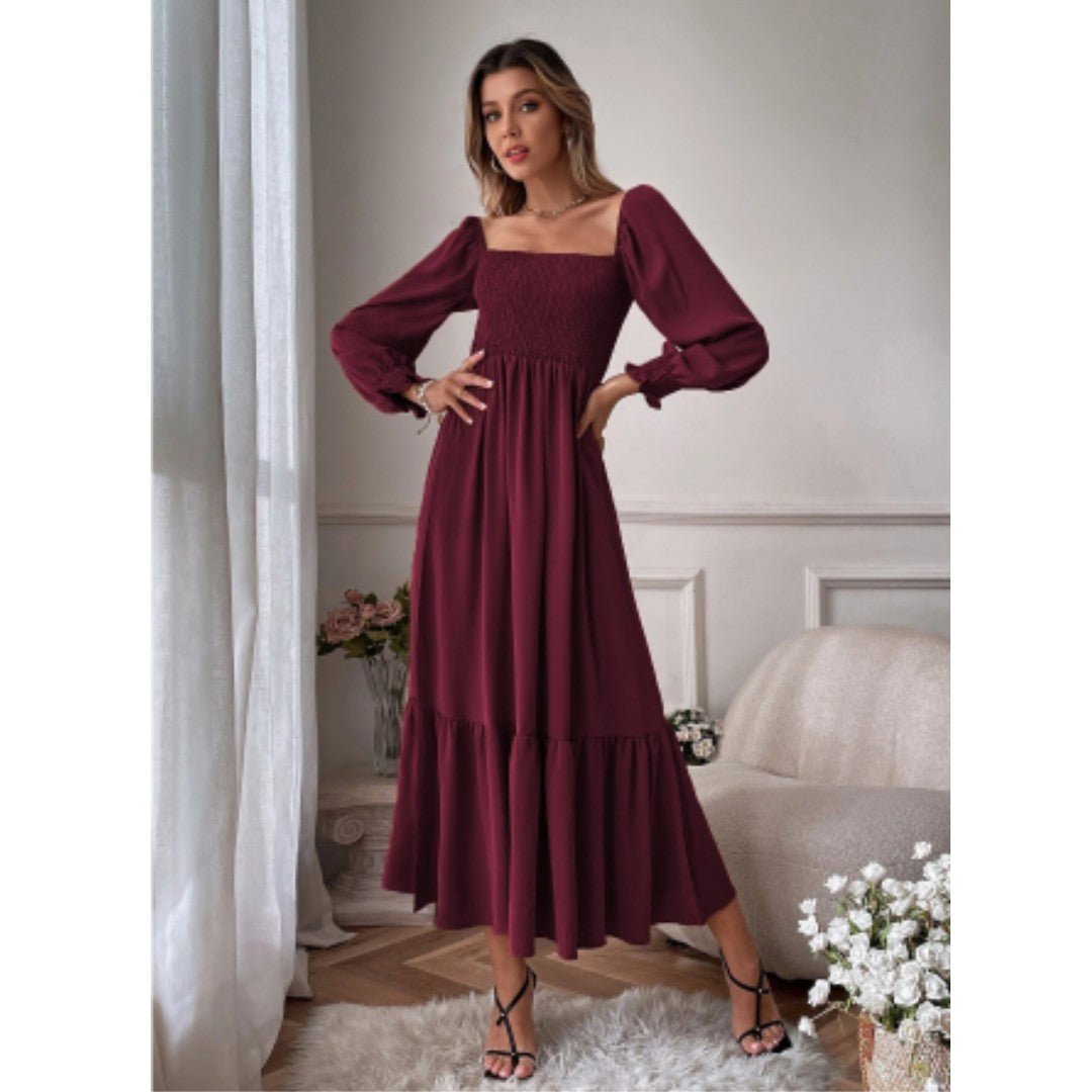 Burgundy smocked square neck tiered maxi dress