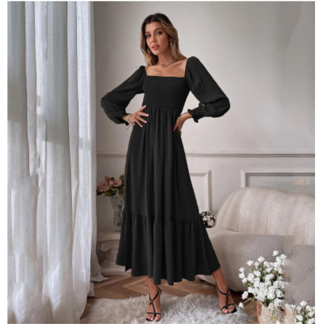 Black smocked square neck tiered maxi dress