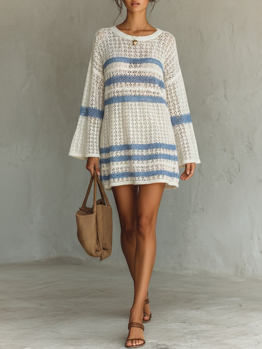 White striped crochet knit mini dress