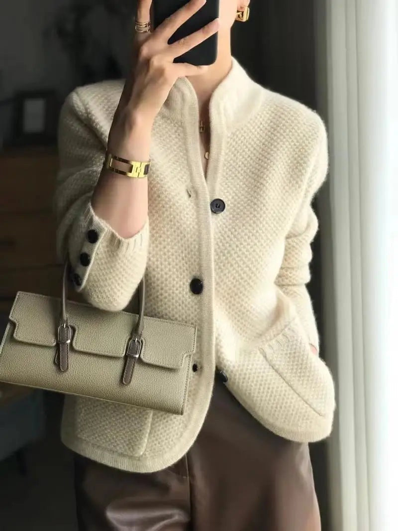 Textured stand collar cardigan