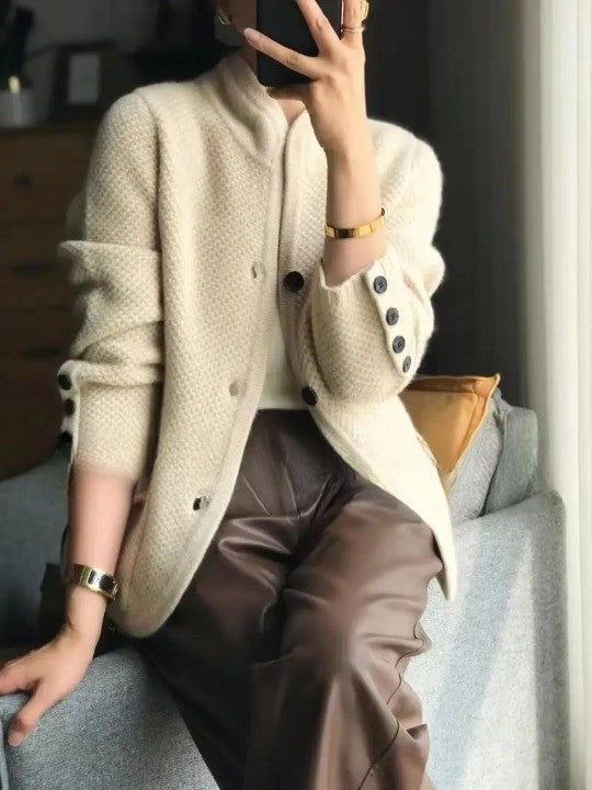 Textured stand collar cardigan