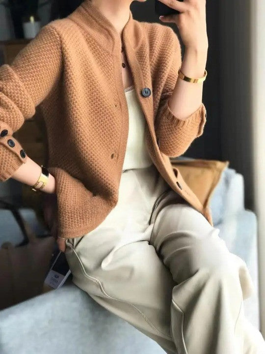 Textured stand collar cardigan