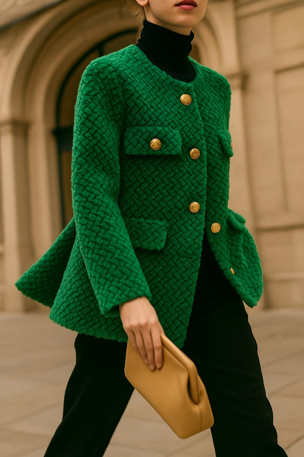 Textured tweed gold-button jacket
