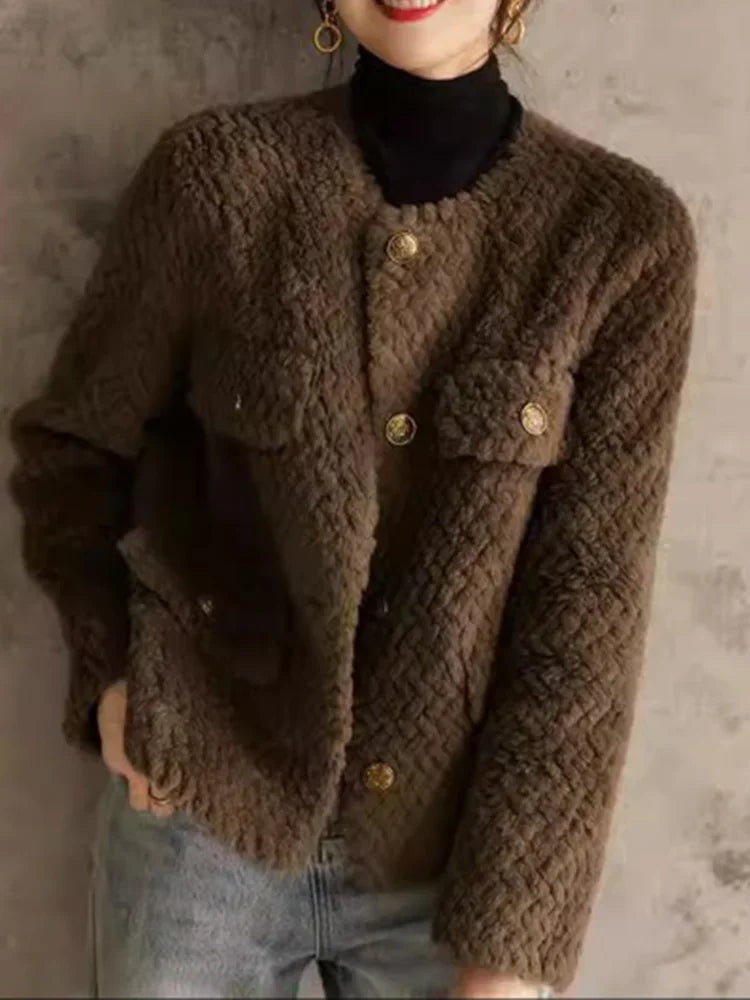 Brown textured tweed gold-button jacket
