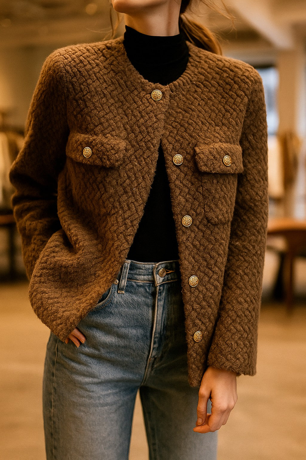 Textured tweed gold-button jacket