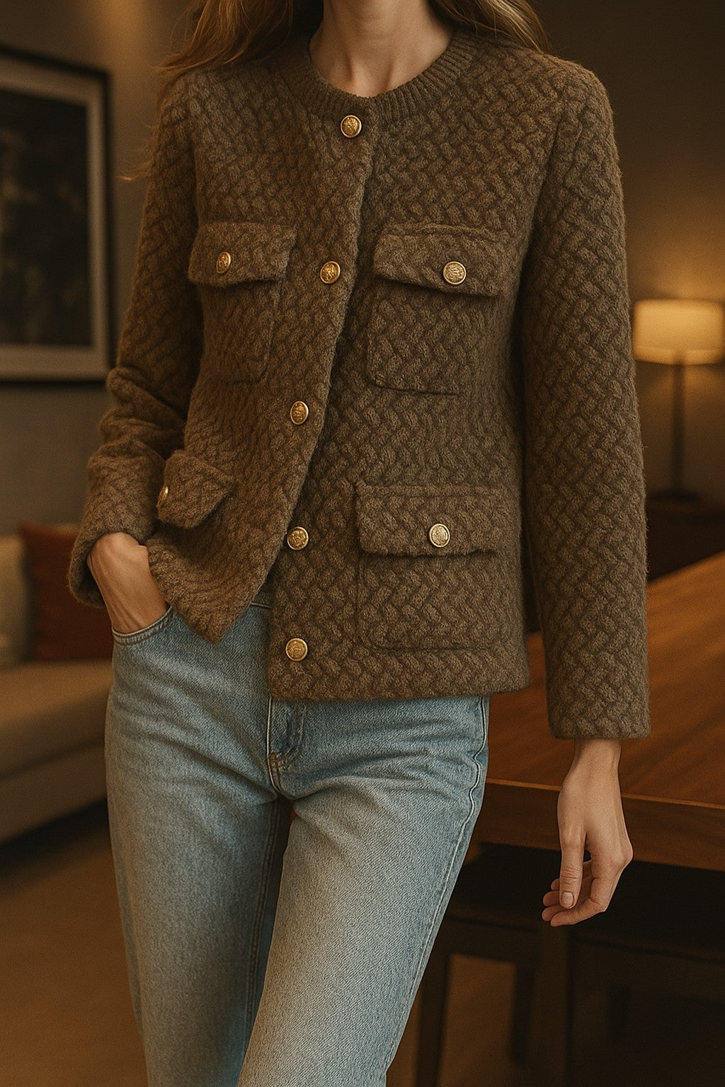 Textured tweed gold-button jacket