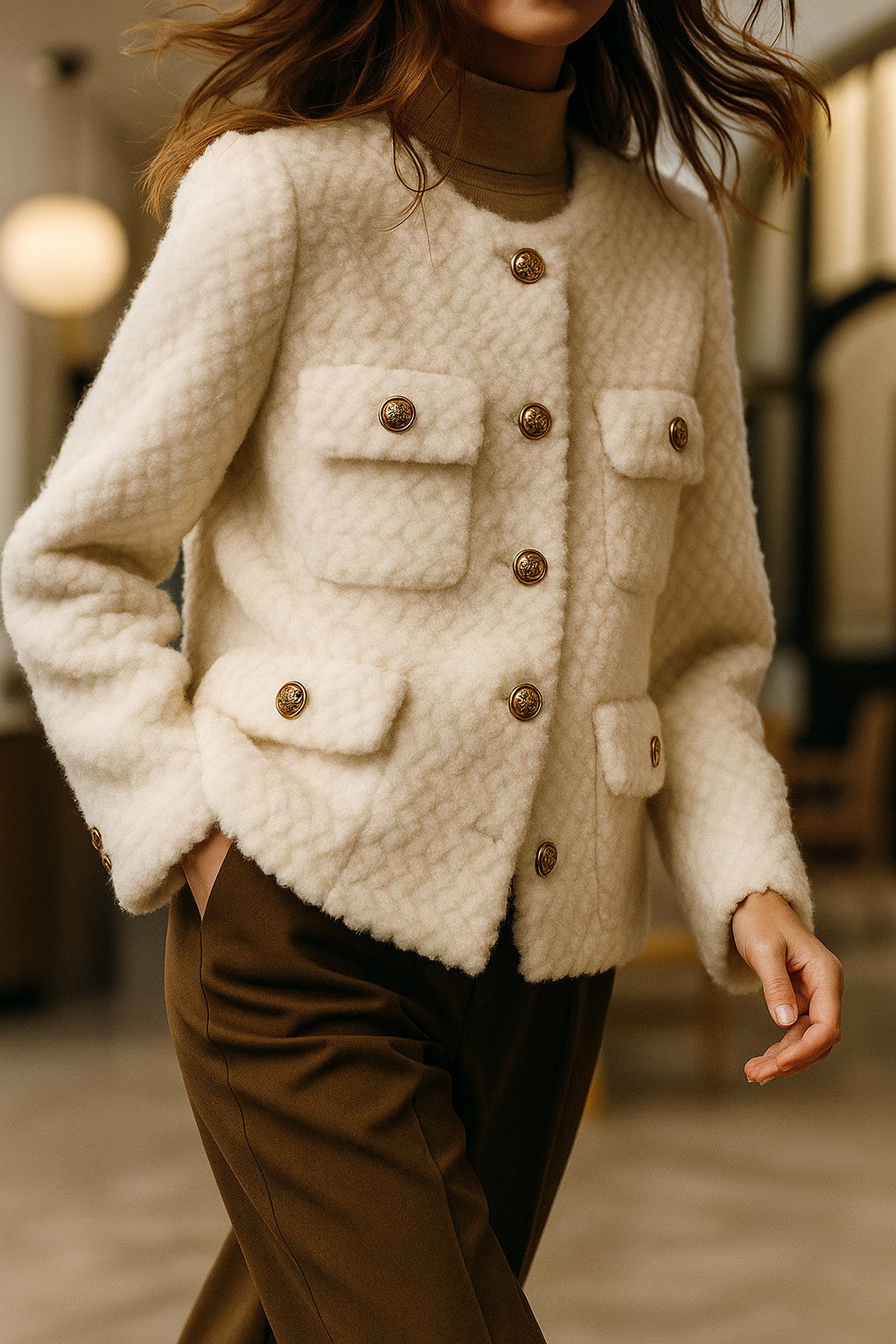 Ivory textured tweed gold-button jacket