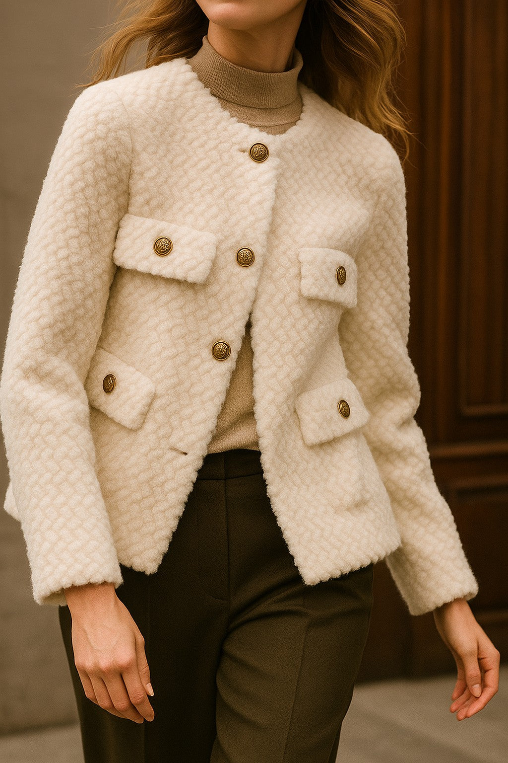 Textured tweed gold-button jacket