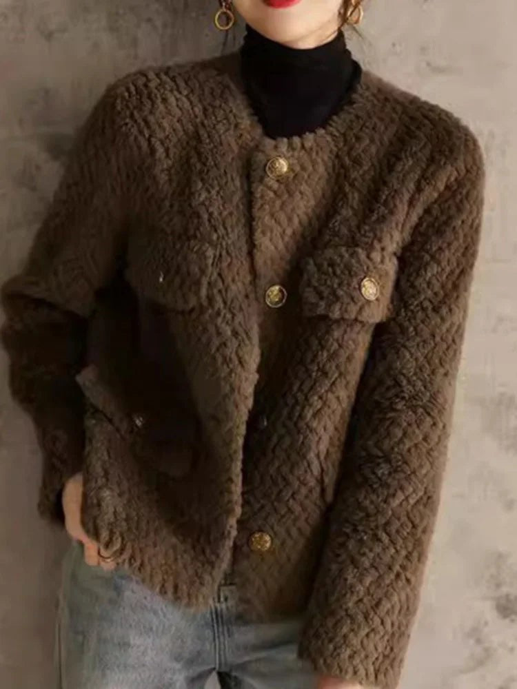 Textured tweed gold-button jacket