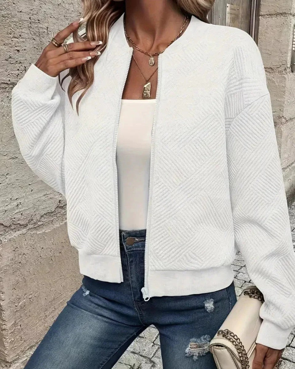 White textured zip-up bomber jacket