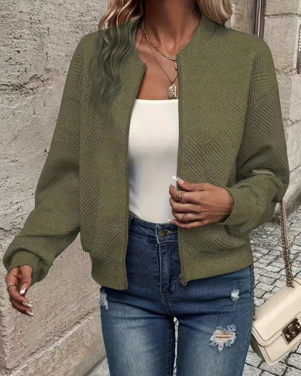 Army Green textured zip-up bomber jacket