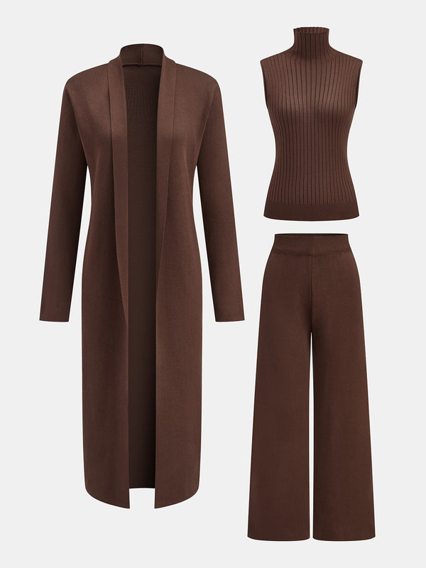 Brown three-piece knit lounge set