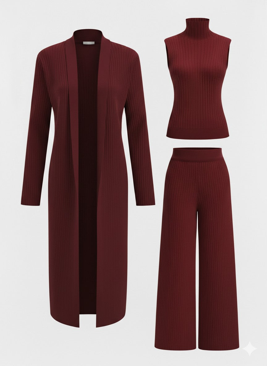 Burgundy three-piece knit lounge set
