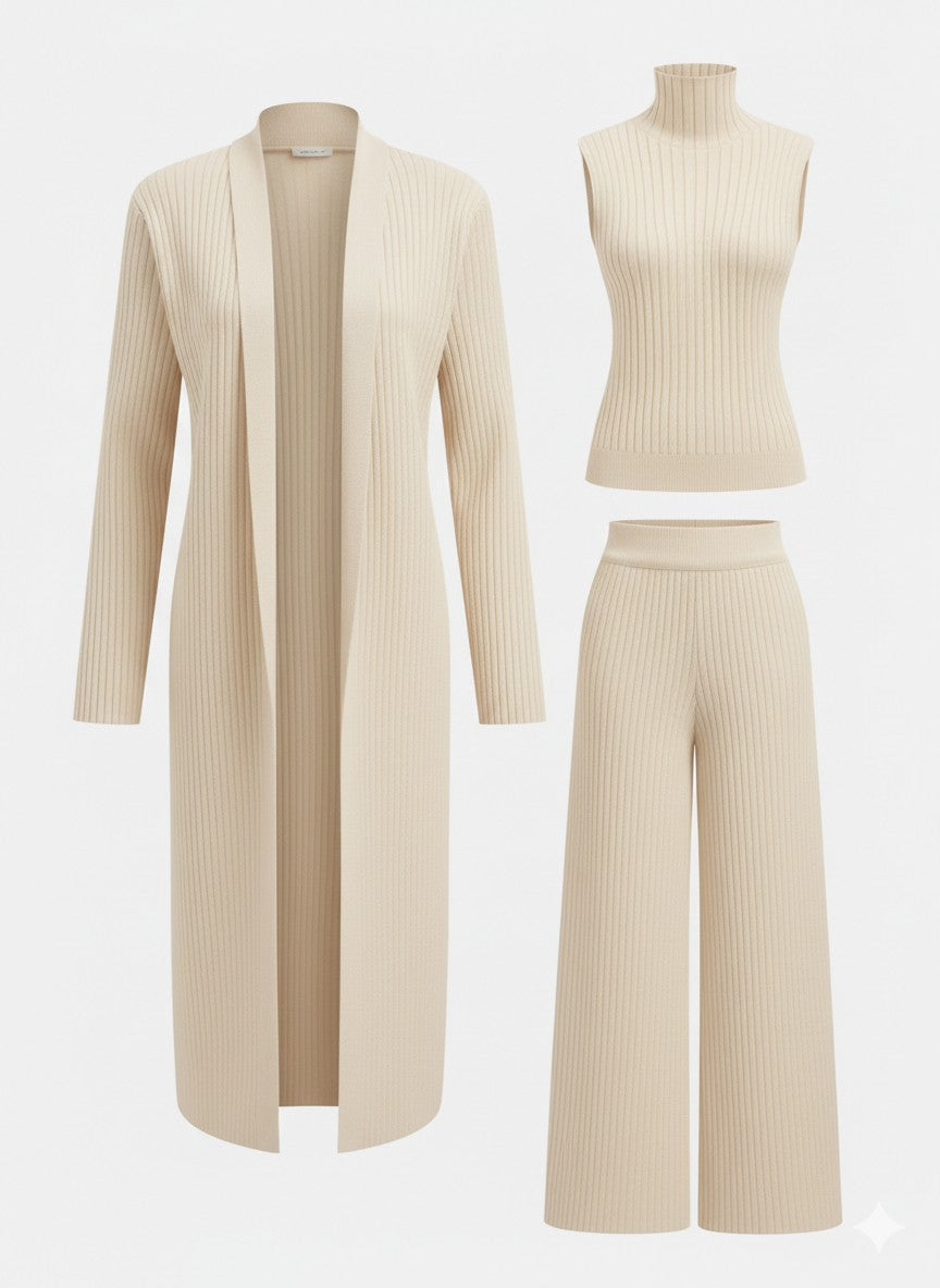 Cream three-piece knit lounge set