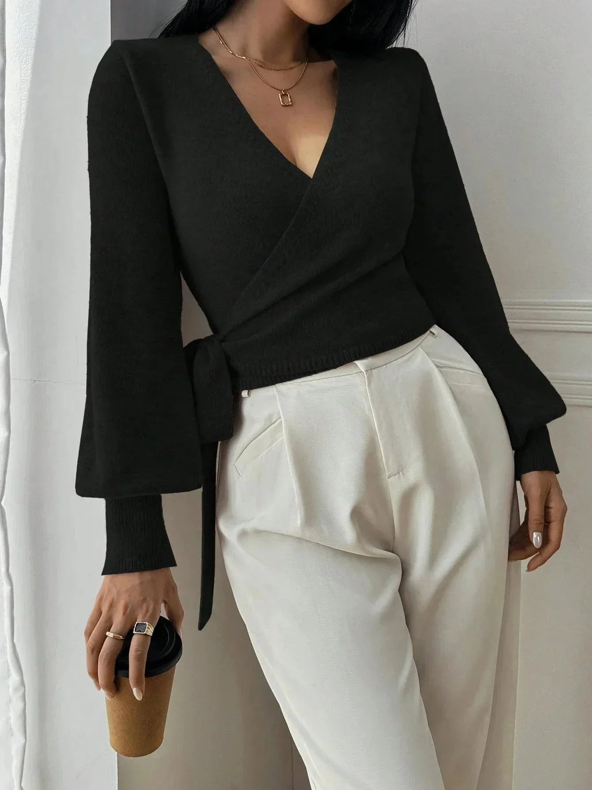 Black tie-waist wrap knit top