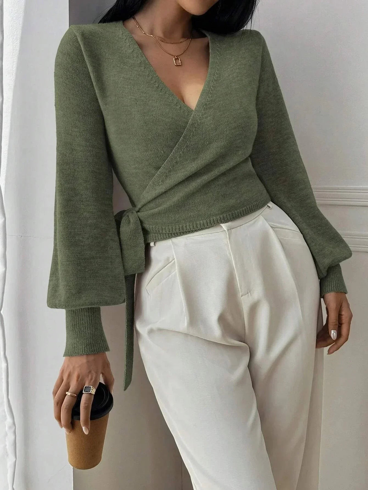 Green tie-waist wrap knit top