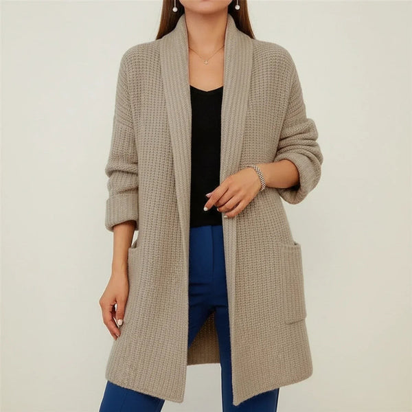 Apricot waffle-knit longline cardigan coat