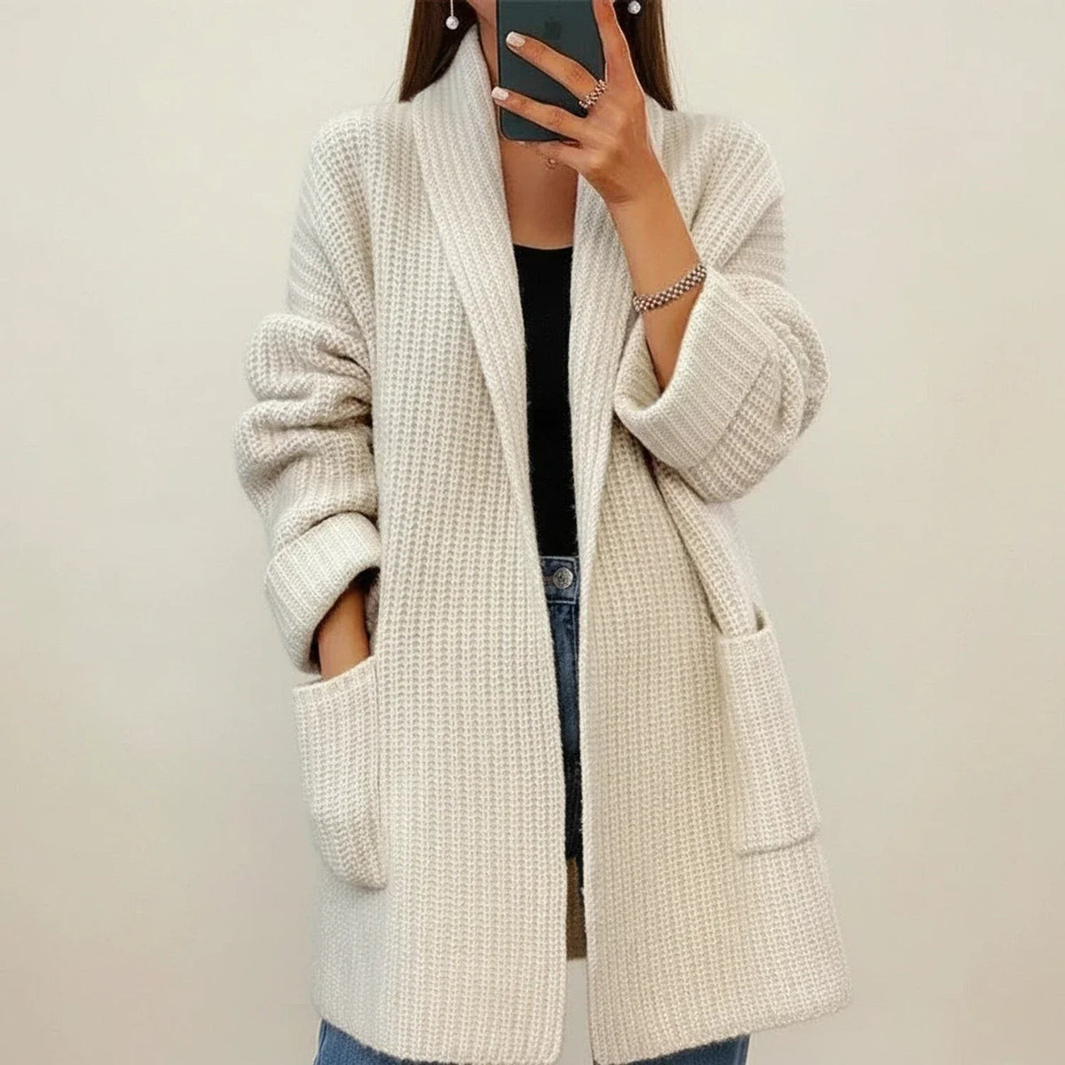 Khaki waffle-knit longline cardigan coat