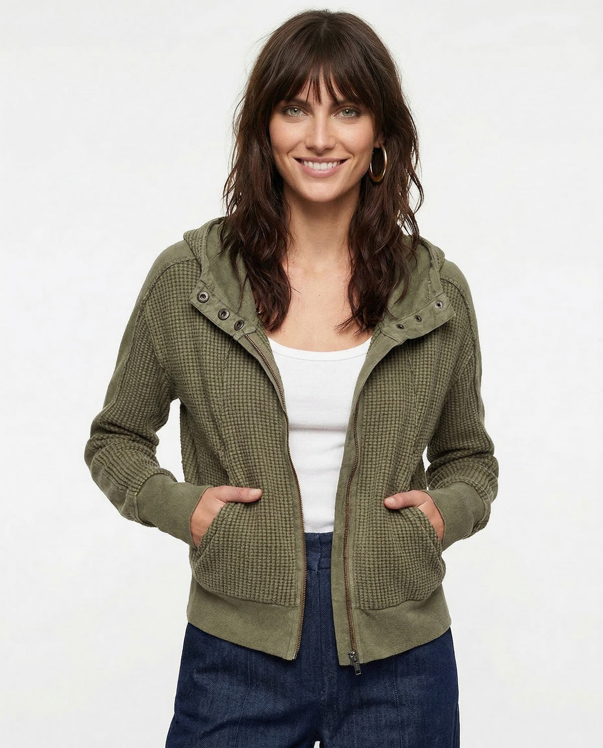 Waffle knit zip-up hoodie