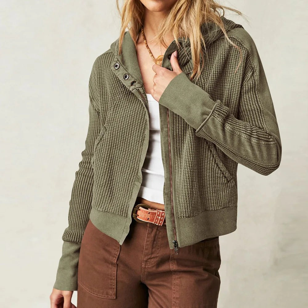 Waffle knit zip-up hoodie