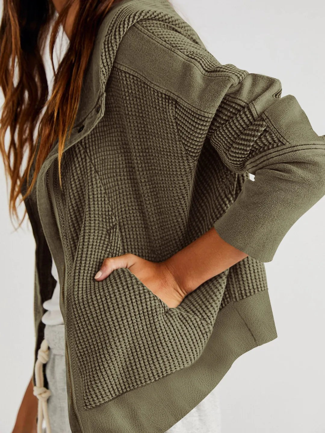 Waffle knit zip-up hoodie