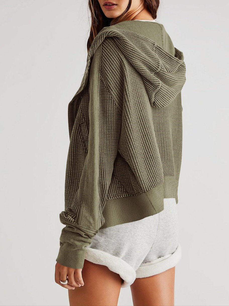 Waffle knit zip-up hoodie