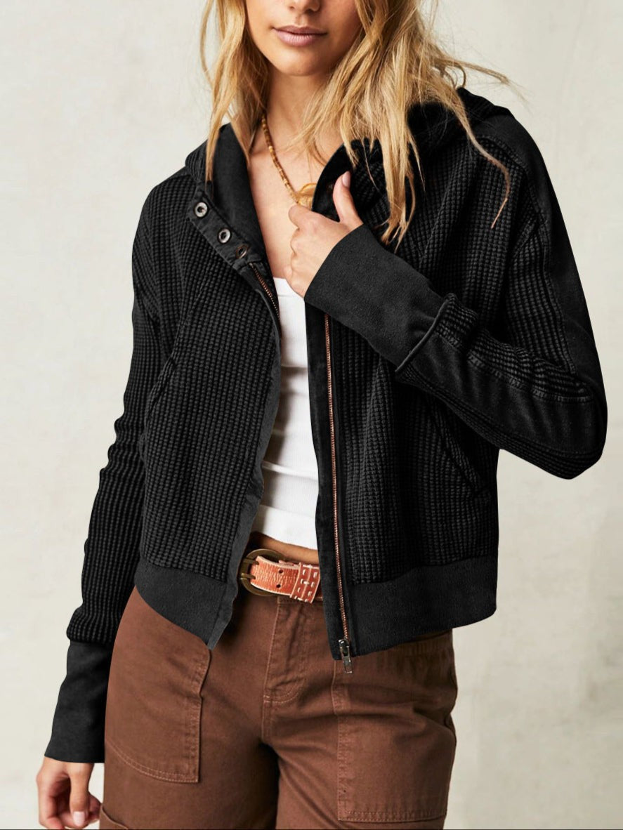 Black waffle knit zip-up hoodie