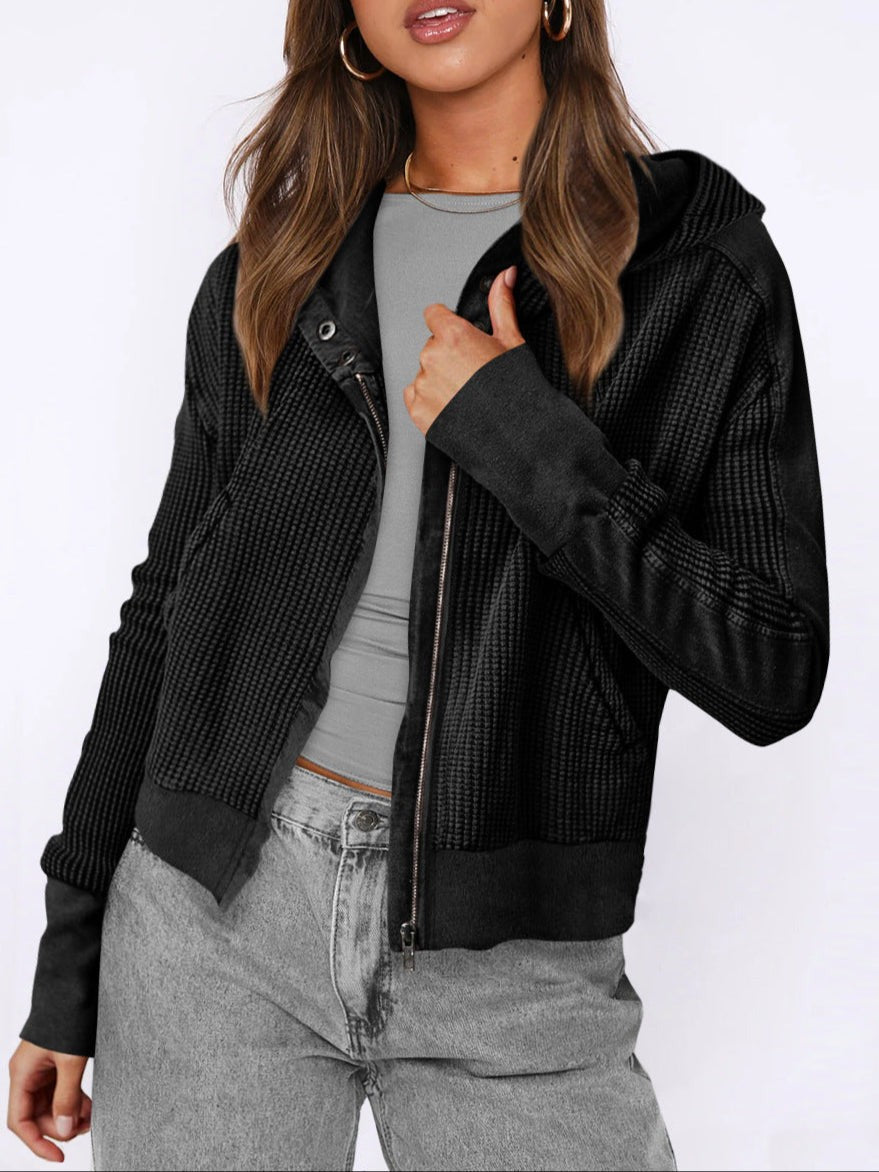 Waffle knit zip-up hoodie