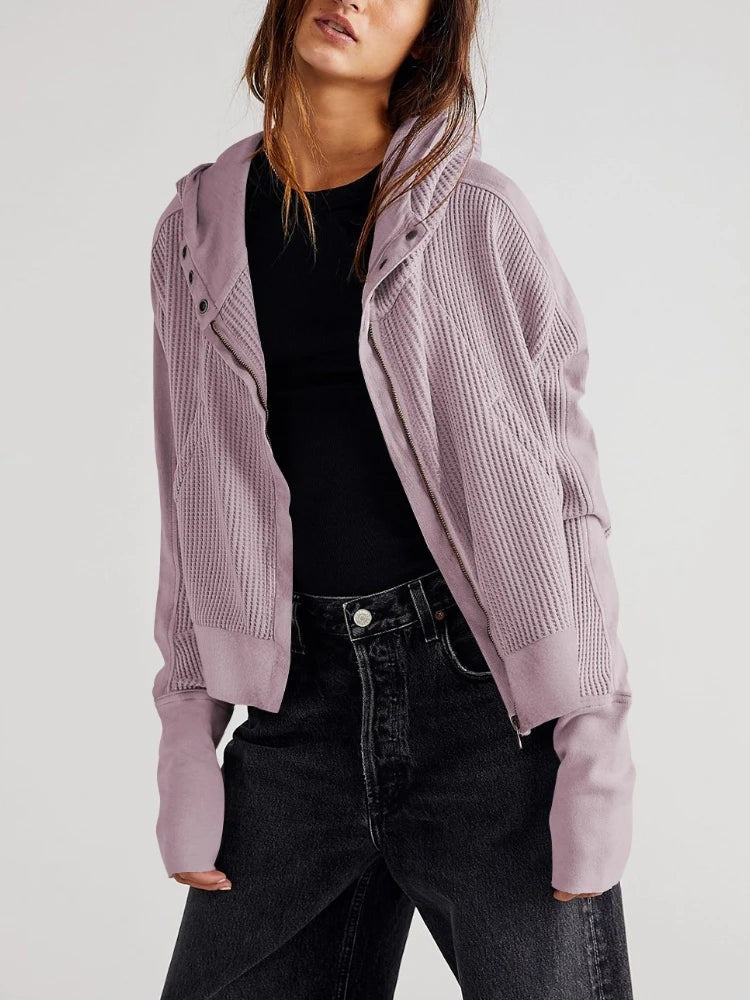 Waffle knit zip-up hoodie