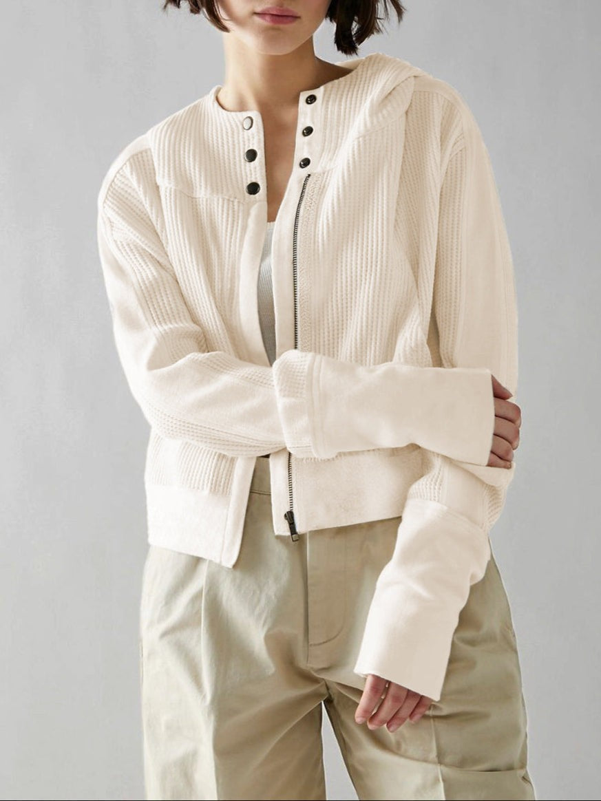 Cream waffle knit zip-up hoodie