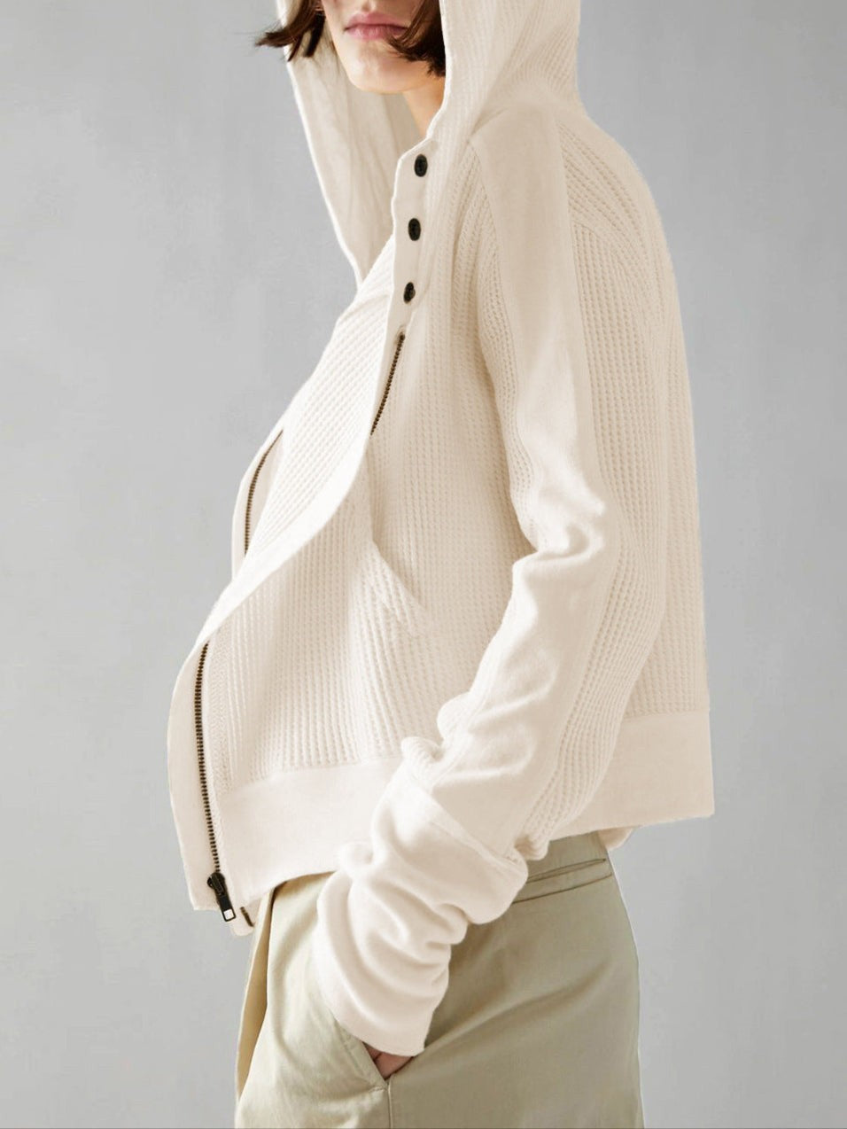 Waffle knit zip-up hoodie