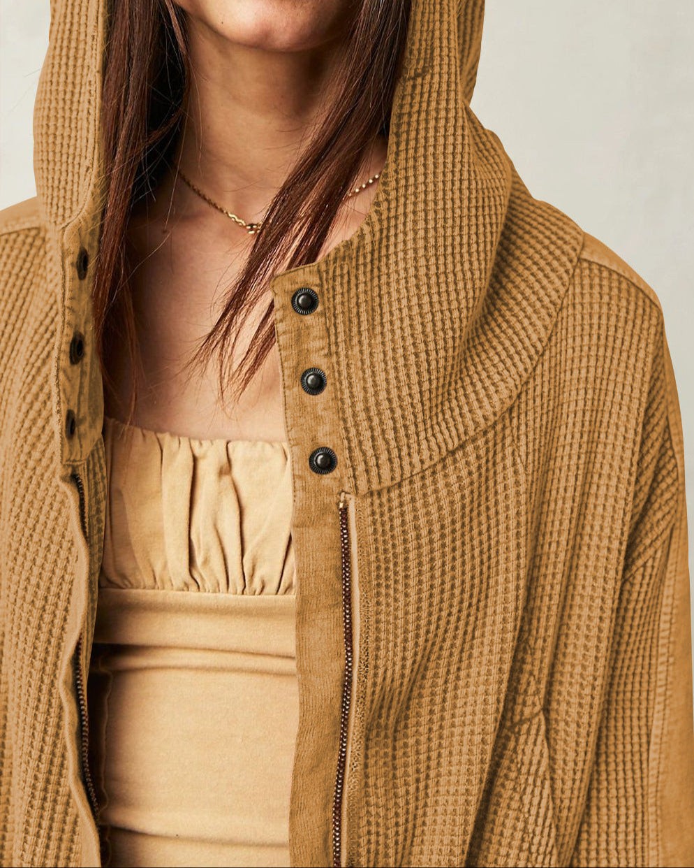 Waffle knit zip-up hoodie