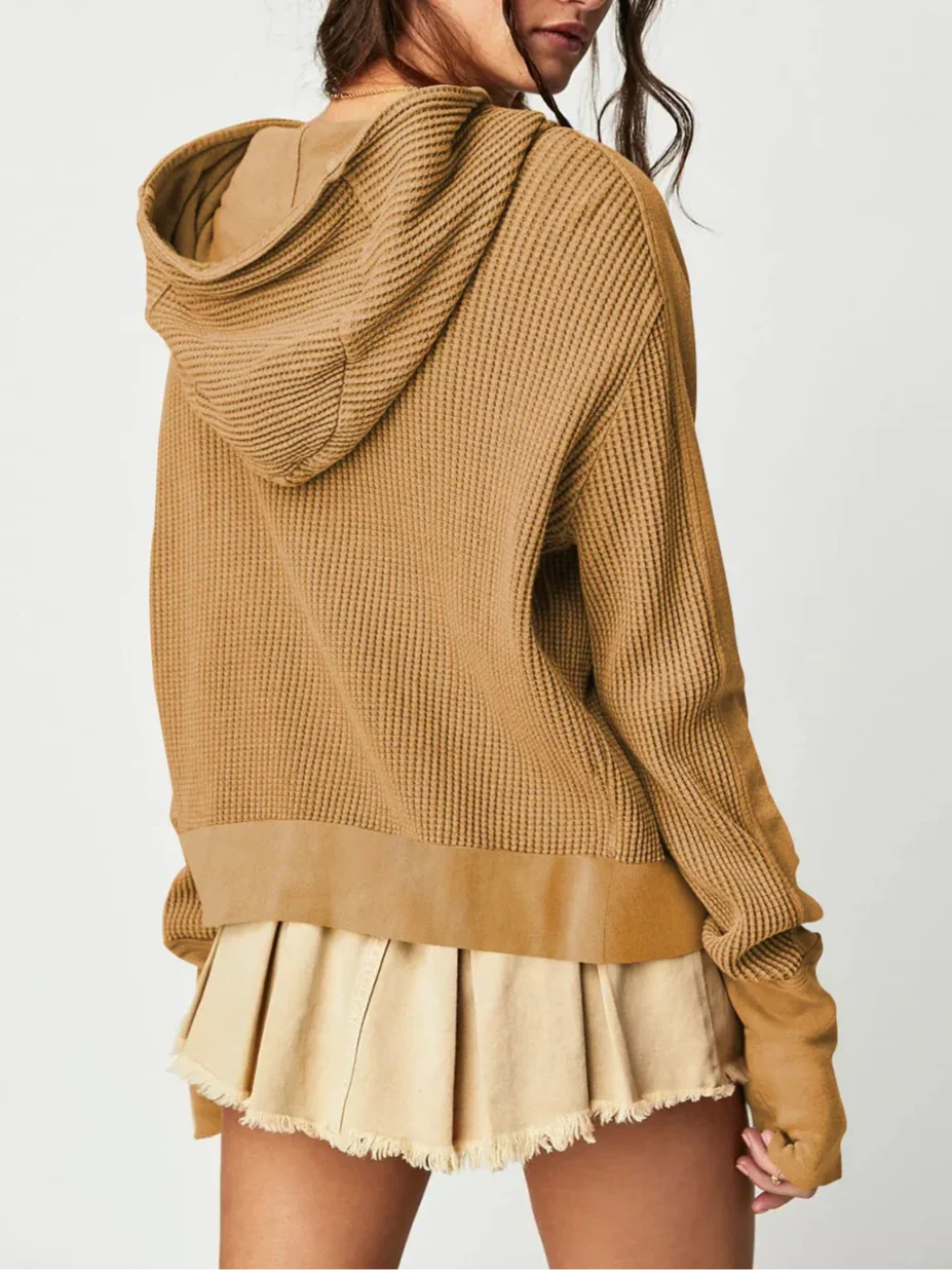 Waffle knit zip-up hoodie