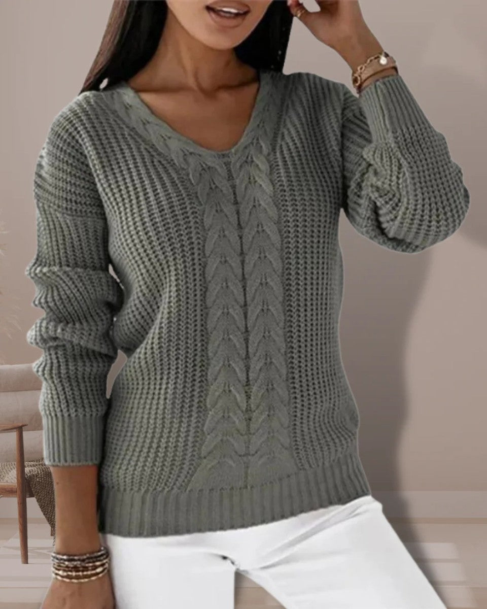 Grey wool cable knit v-neck jumper