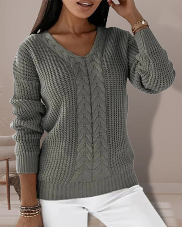 Grey wool cable knit v-neck jumper