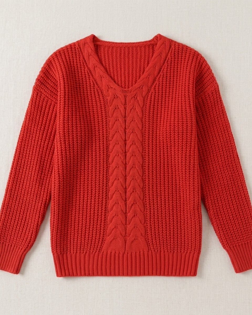 Wool cable knit v-neck jumper