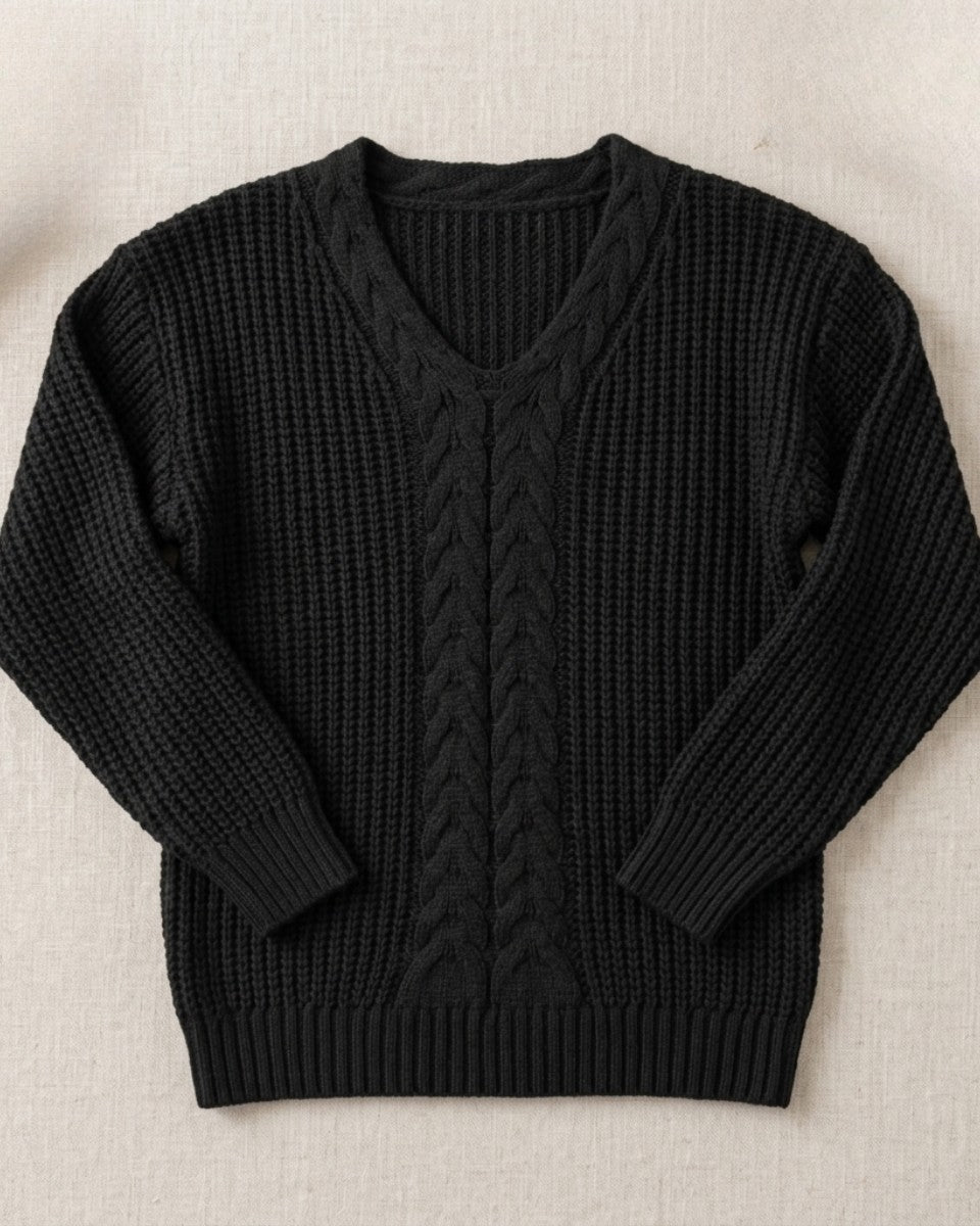Wool cable knit v-neck jumper