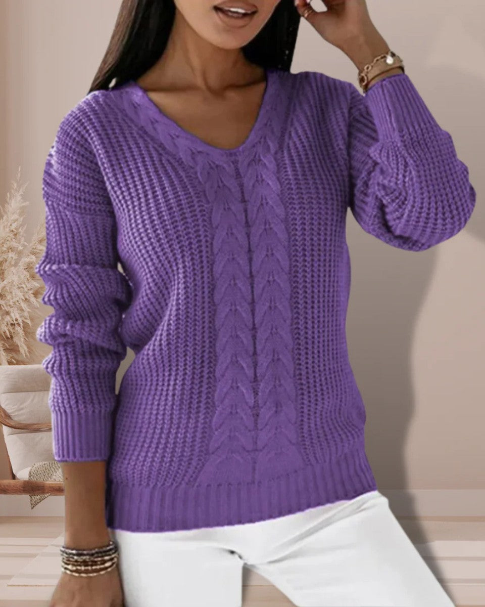 Purple wool cable knit v-neck jumper
