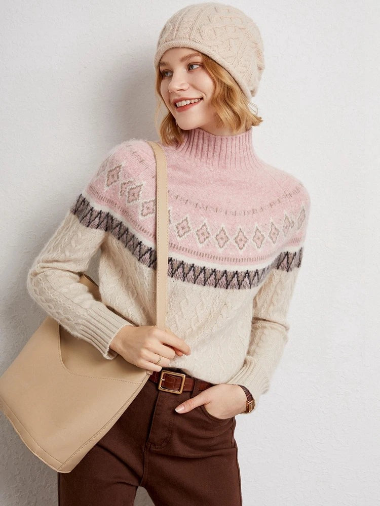 Pink wool fair isle mock neck jumper