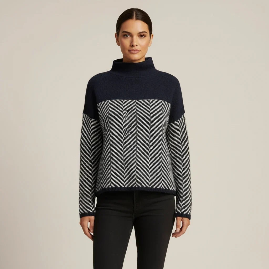 Navy Blue wool herringbone roll neck jumper