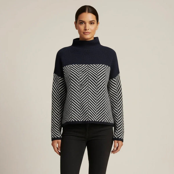 Navy Blue wool herringbone roll neck jumper