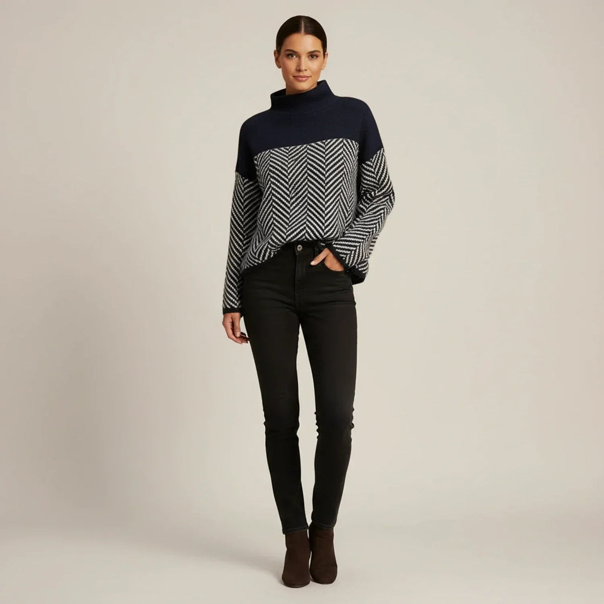 Wool herringbone roll neck jumper