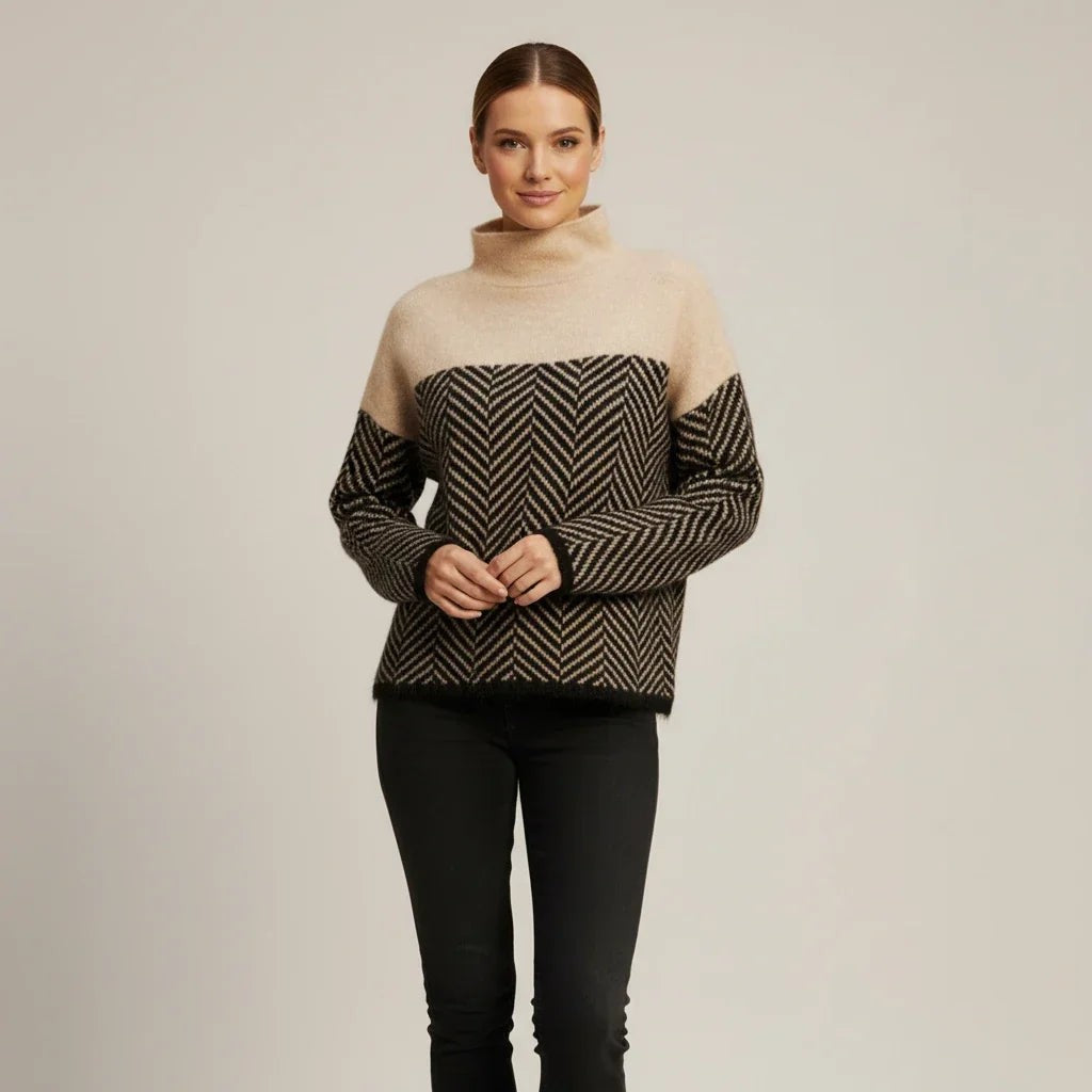 Beige wool herringbone roll neck jumper