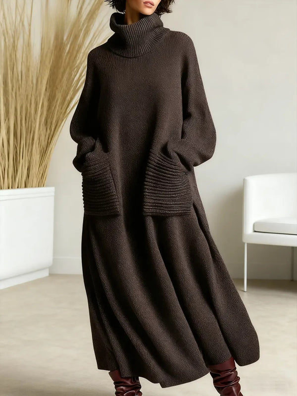 Coffee wool high neck knit maxi dress